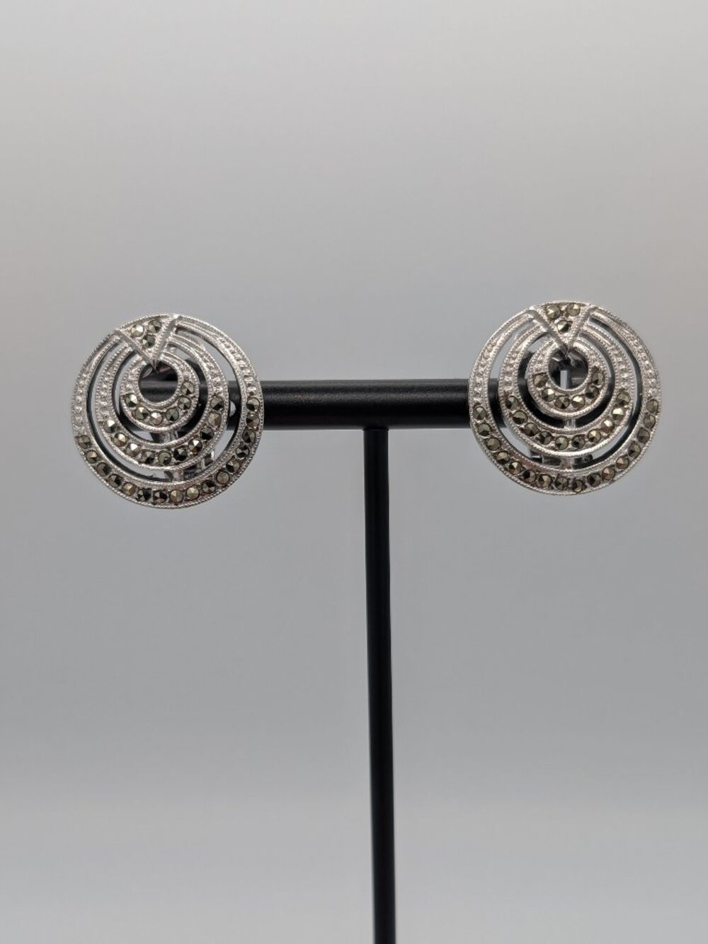 Vintage 1950s Sterling Silver Marcasite Target Swirl Clip Earrings Pat 12g